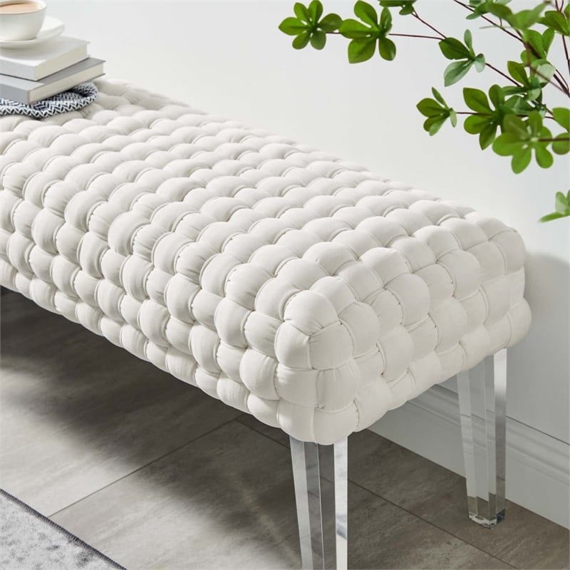 Pemberly Row Modern Woven Performance Velvet Ottoman in White