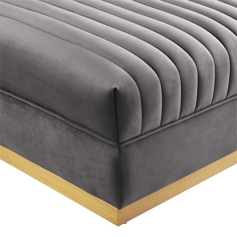 Pemberly Row Modern Style Velvet and Stainless Steel Ottoman in Gray