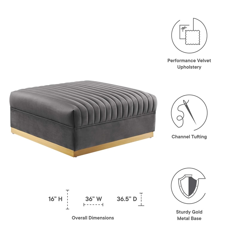 Pemberly Row Modern Style Velvet and Stainless Steel Ottoman in Gray