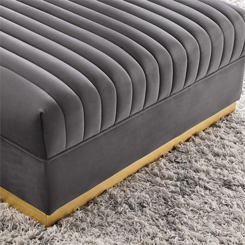 Pemberly Row Modern Style Velvet and Stainless Steel Ottoman in Gray