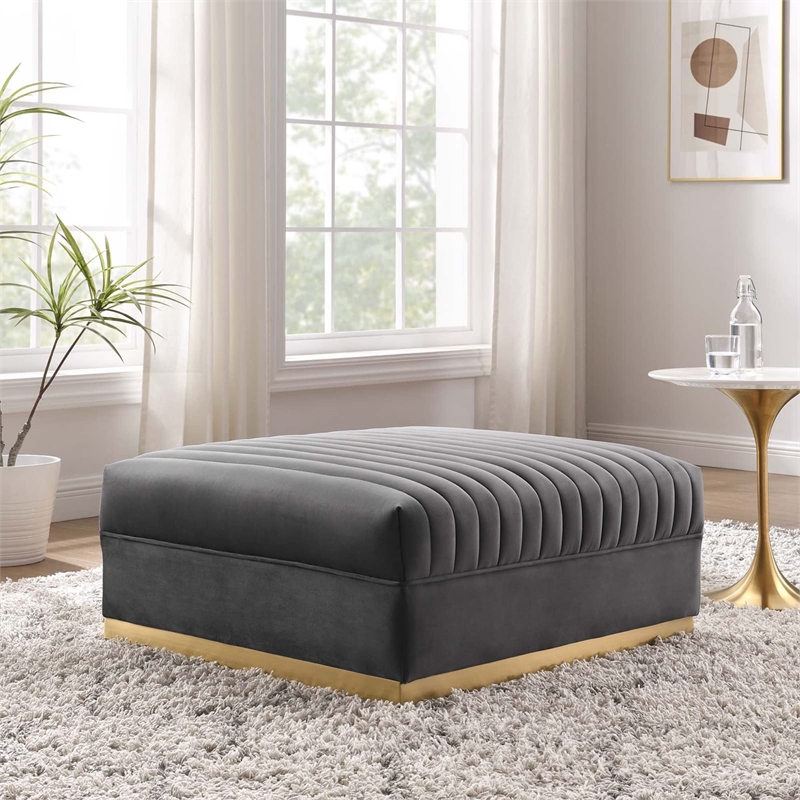 Pemberly Row Modern Style Velvet and Stainless Steel Ottoman in Gray