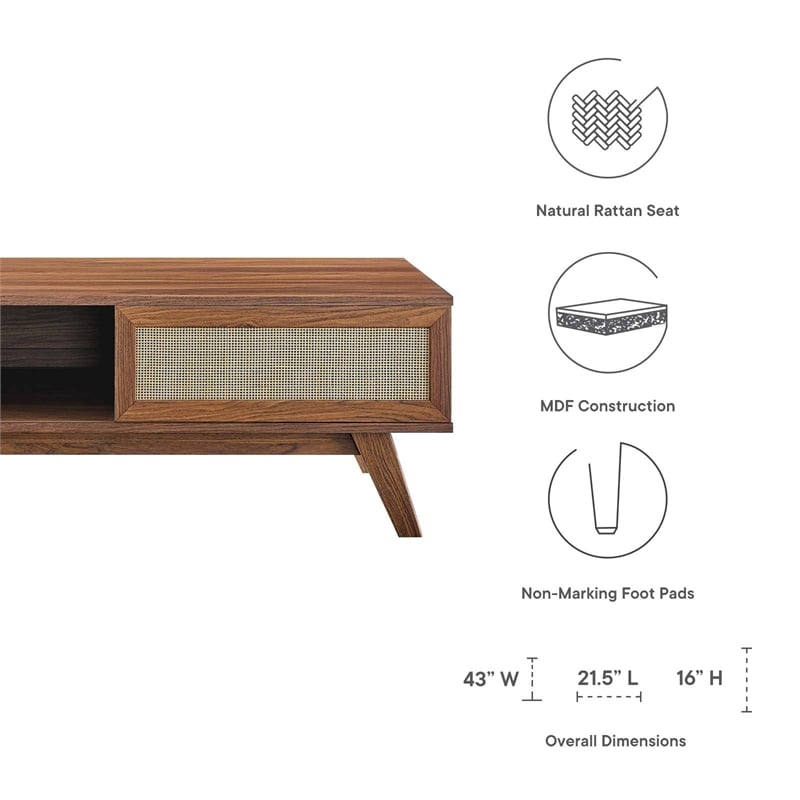 Pemberly Row Natural Rattan and MDF Wood Coffee Table in Walnut