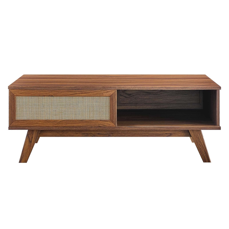 Pemberly Row Natural Rattan and MDF Wood Coffee Table in Walnut