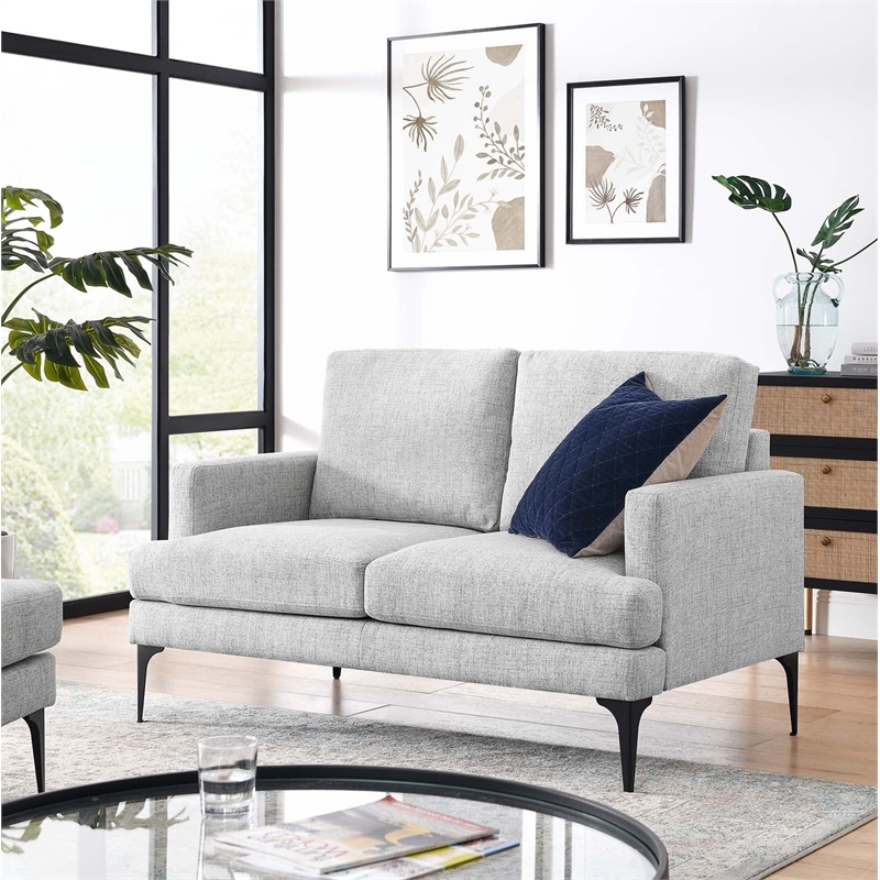 Pemberly Row Metal and Upholstered Fabric Loveseat in Light Gray