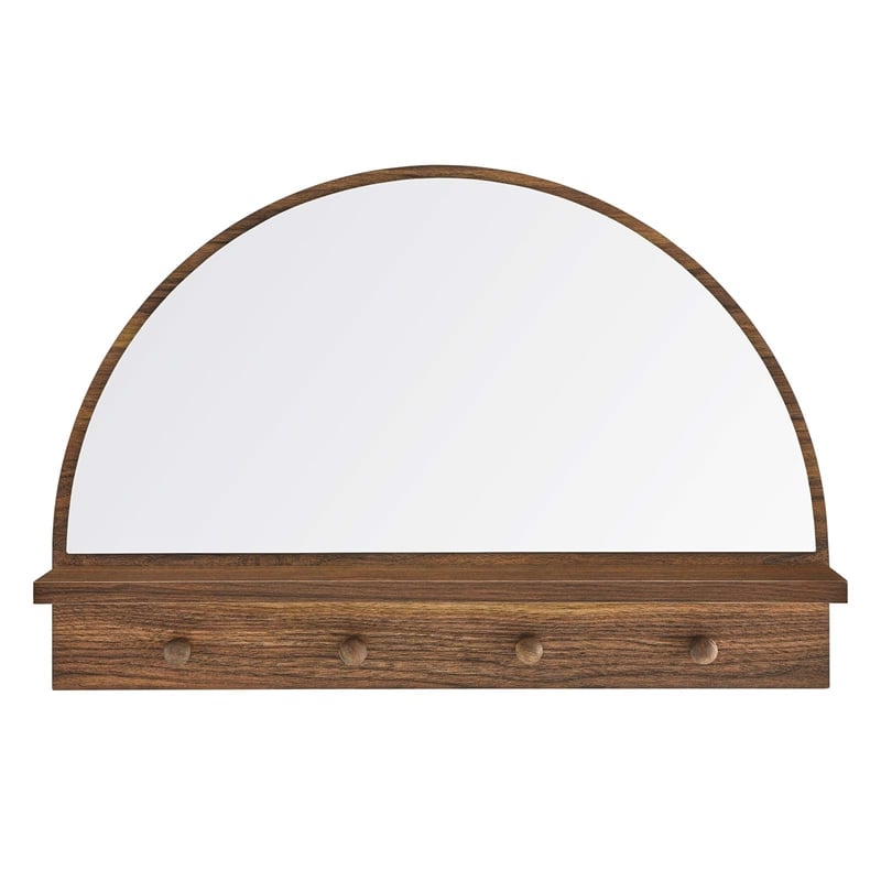 Pemberly Row Moonbeam Arched Wood Mirror with Four Hanging Pegs in Walnut