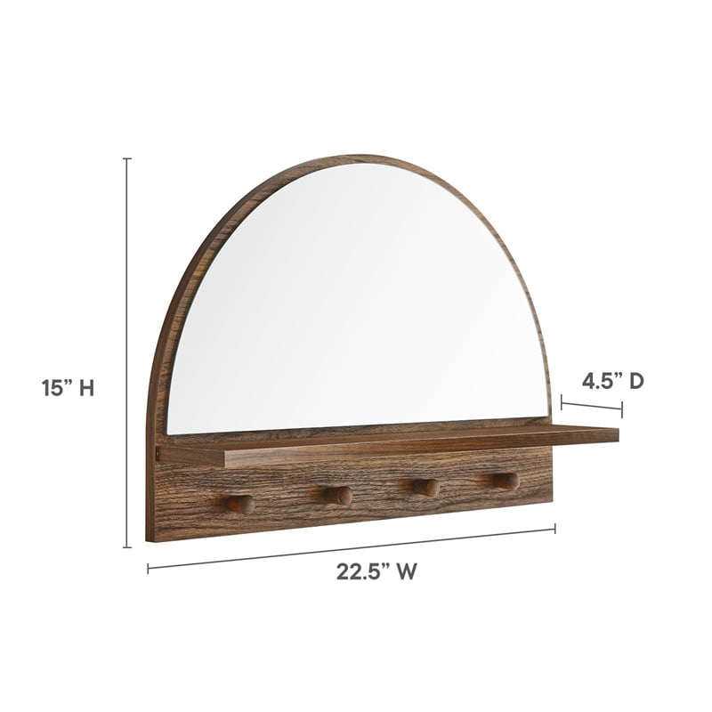 Pemberly Row Moonbeam Arched Wood Mirror with Four Hanging Pegs in Walnut