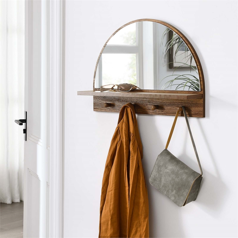 Pemberly Row Moonbeam Arched Wood Mirror with Four Hanging Pegs in Walnut