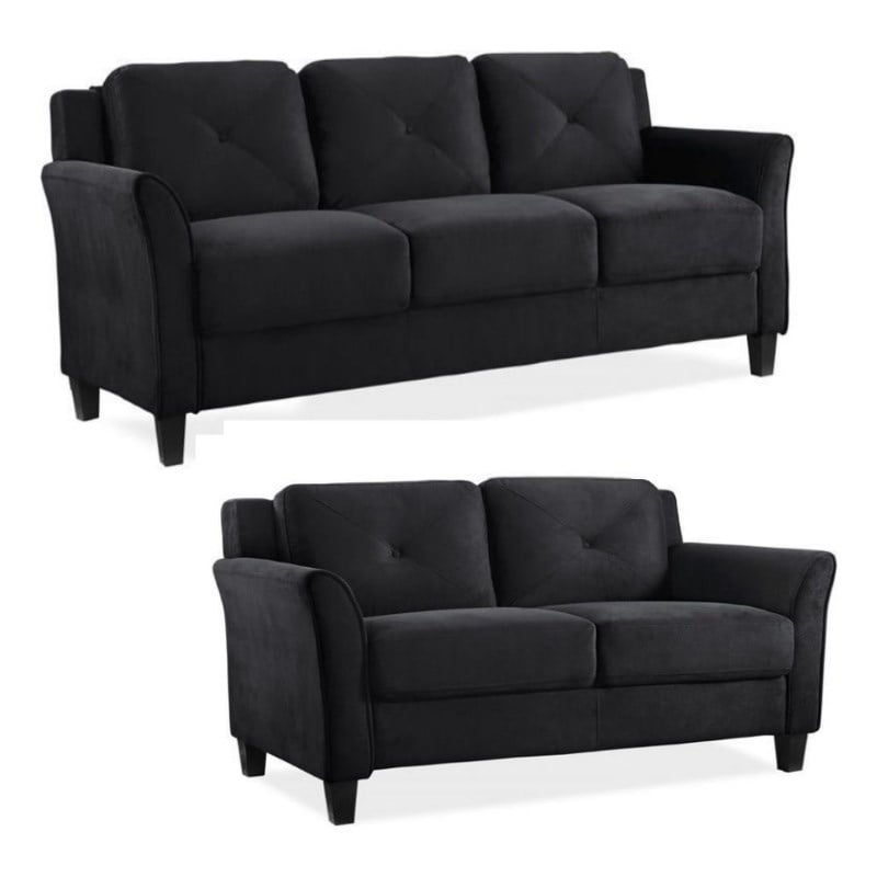 Pemberly Row Transitional 2 Piece Set with Sofa and Loveseat in Black