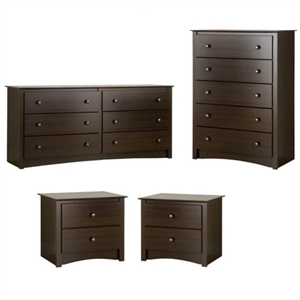 Pemberly Row 4 Piece Set with 2 Nightstands Dresser & Chest in Espresso