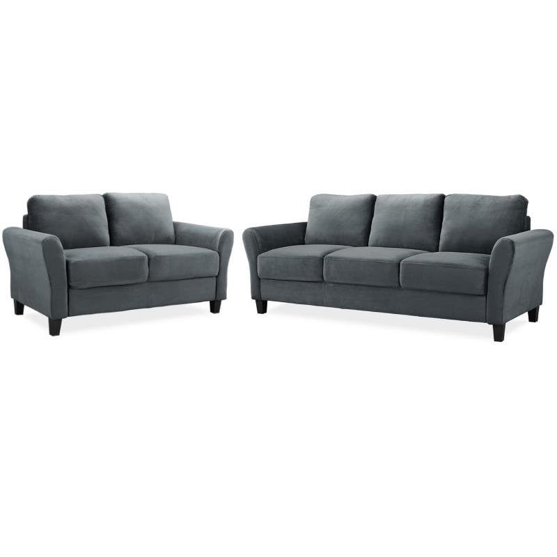 Pemberly Row Transitional 2 Piece Sofa and Loveseat Set in Dark Gray