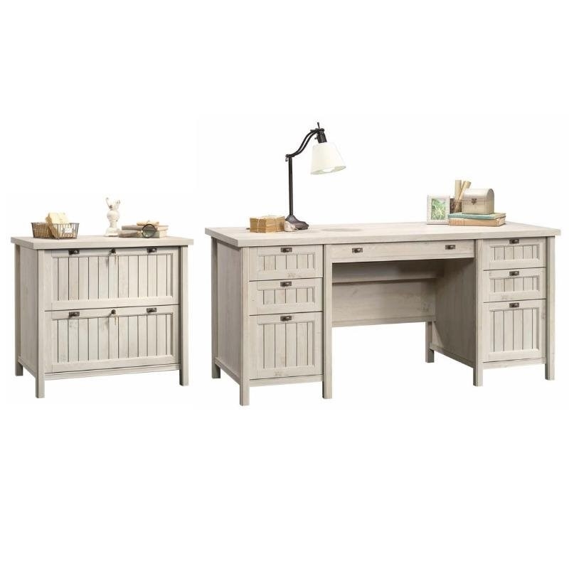 Pemberly Row 2 Piece Executive Desk and Lateral File Set in Chalked Chestnut