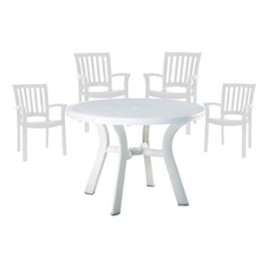 Pemberly Row 5 Piece Set 42&quot Round Resin Patio Table and 4 Resin Chairs in White