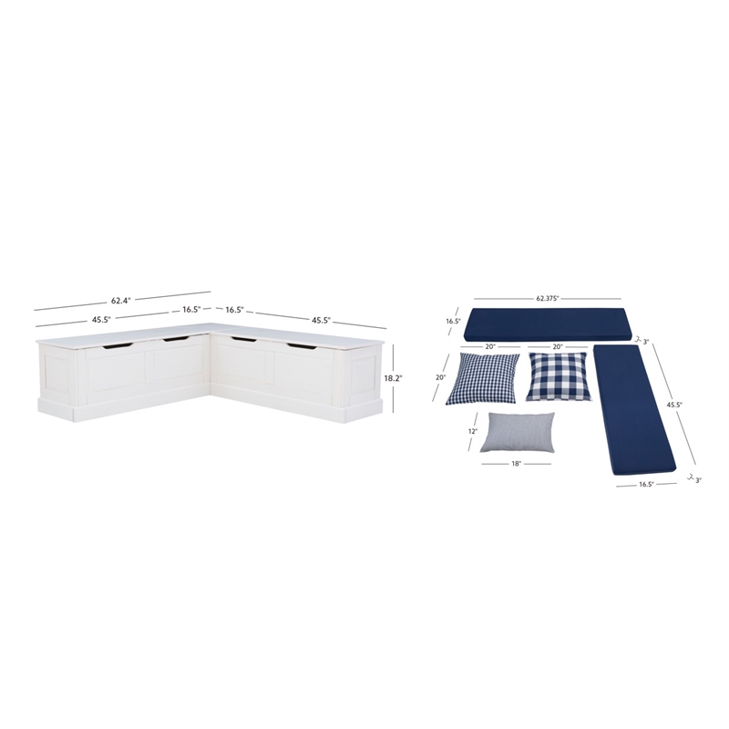 Pemberly Row White Wood Nook With Navy Polyester Fabric Cushions