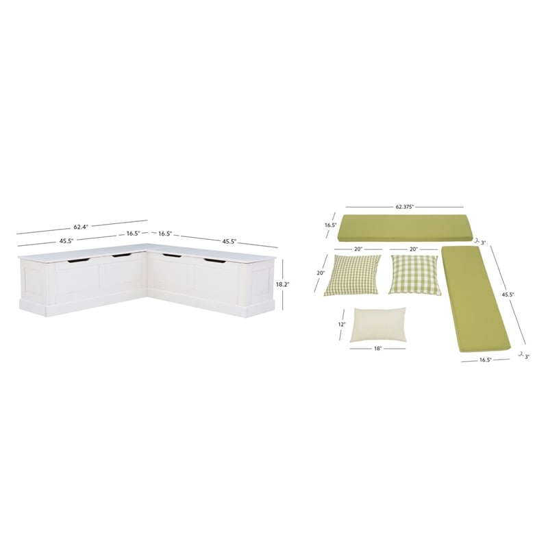Pemberly Row White Wood Nook With Green Polyester Fabric Cushions