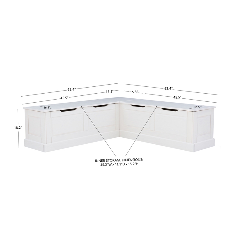 Pemberly Row Backless Wood Corner Breakfast Nook with Storage in White