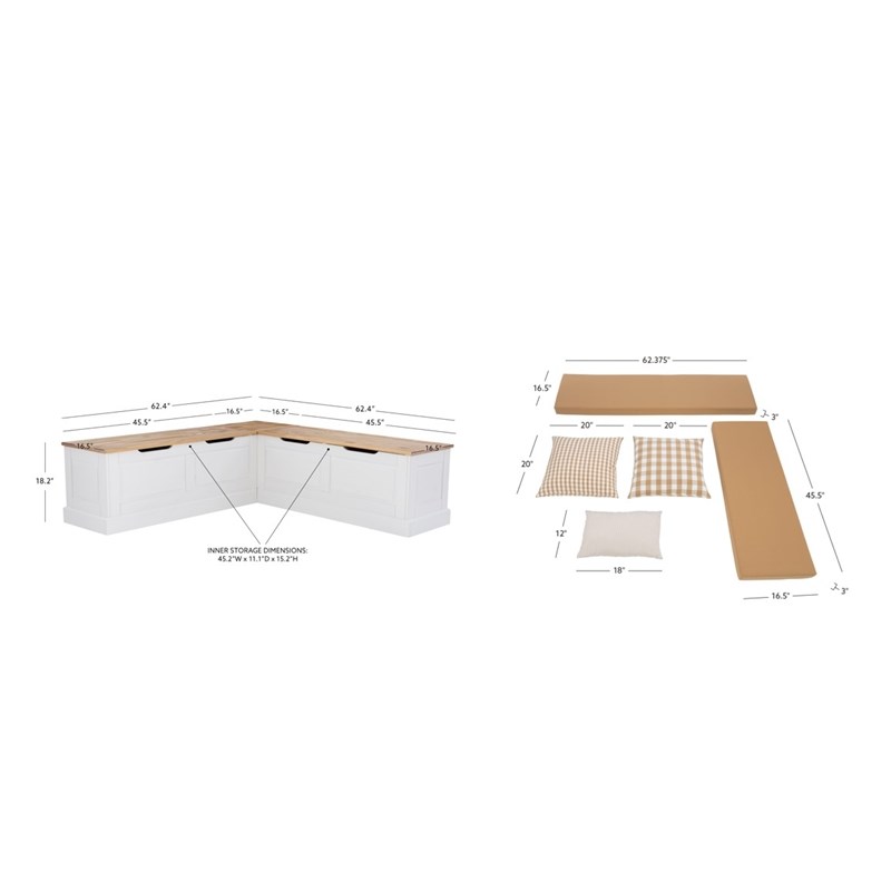 Pemberly Row Natural White Wood Nook With Beige Polyester Fabric Cushions