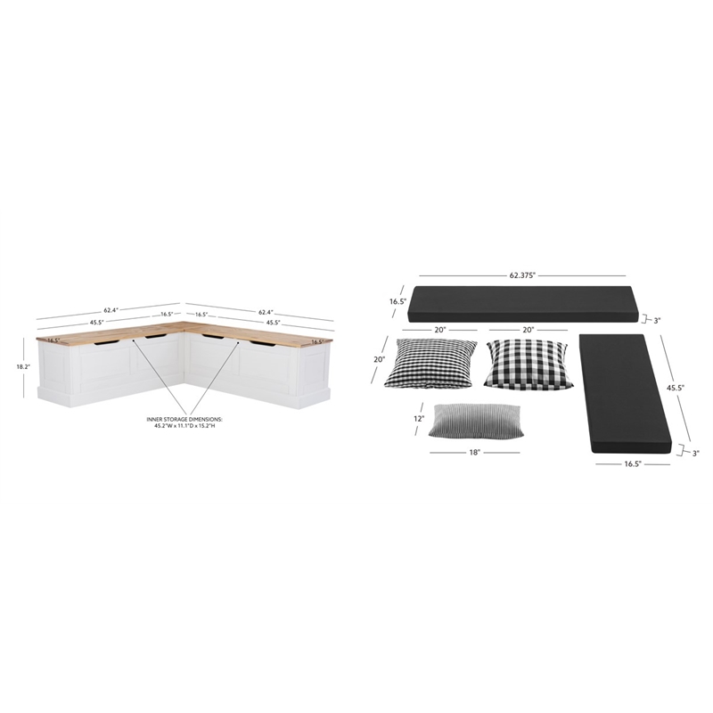 Pemberly Row Natural White Wood Nook With Black Polyester Fabric Cushions