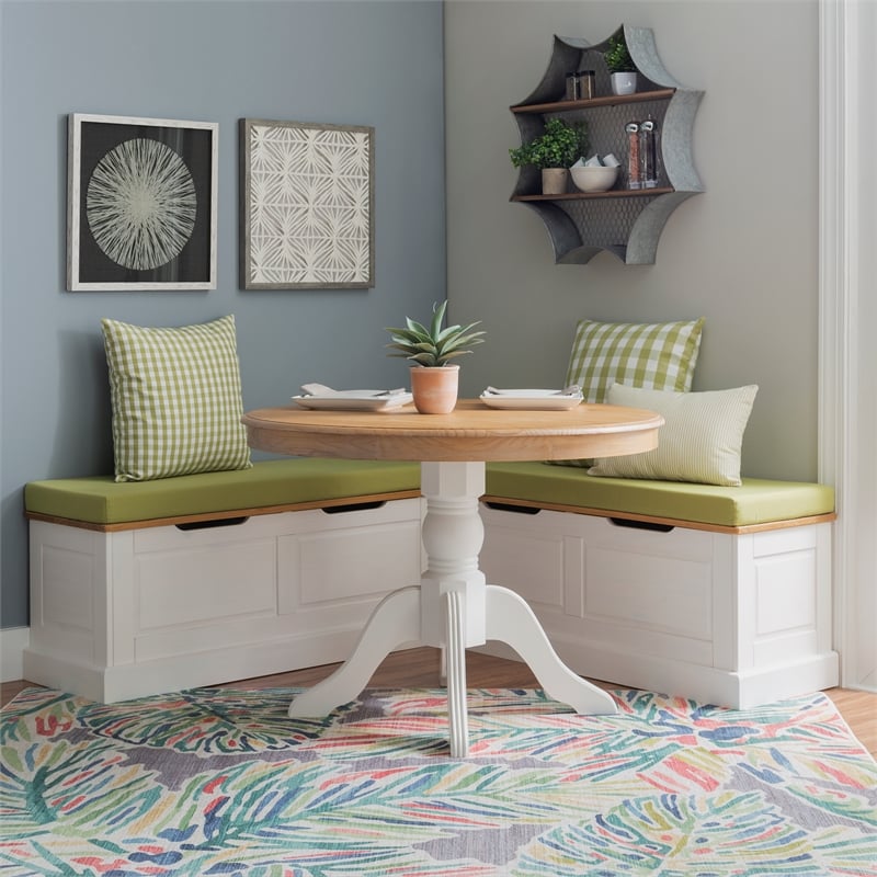 Pemberly Row Natural White Wood Nook With Green Polyester Fabric Cushions