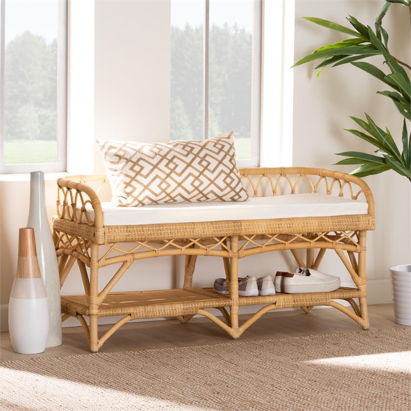 Pemberly Row Modern Bohemian Natural Rattan Bench with 1 Open Shelf in Brown