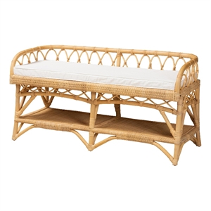 Pemberly Row Modern Bohemian Natural Rattan Bench with 1 Open Shelf in Brown