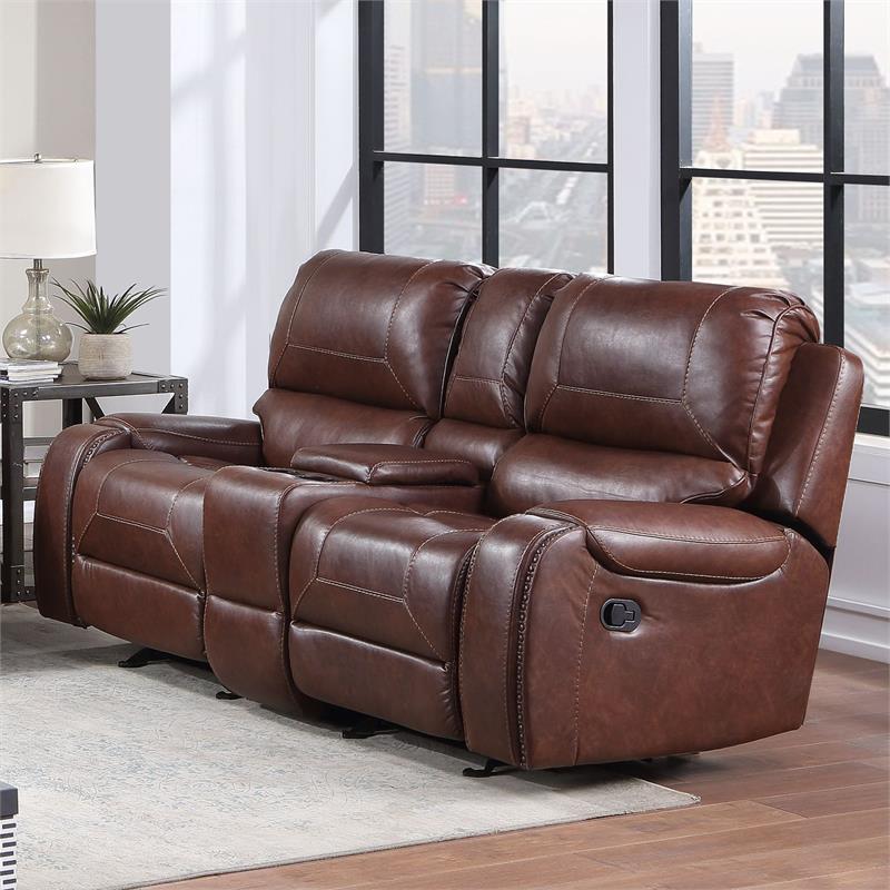 Pemberly Row Brown Faux Leather Manual Glider Recliner Loveseat