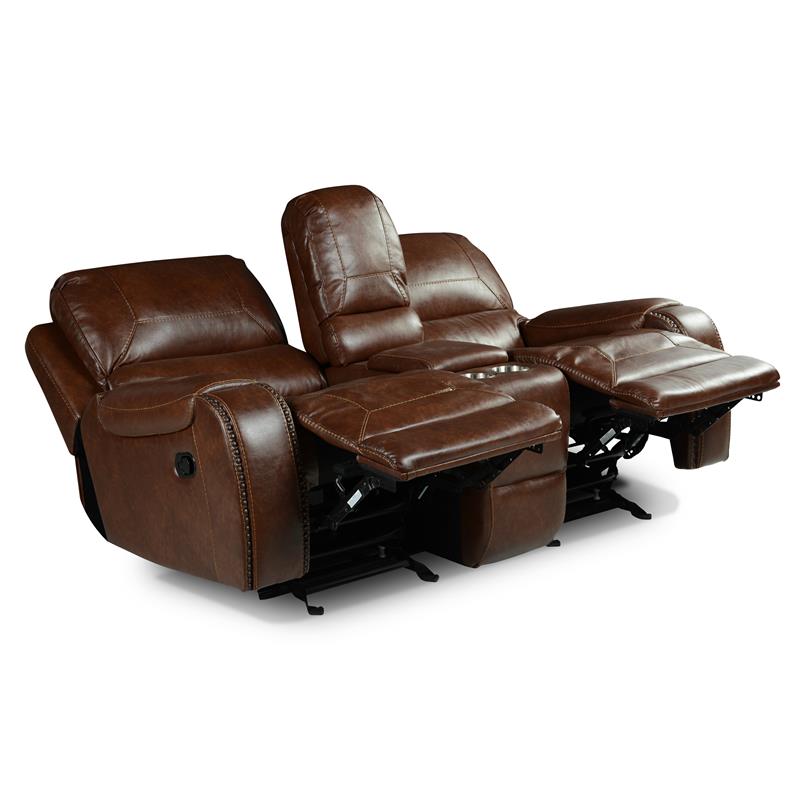 Pemberly Row Brown Faux Leather Manual Glider Recliner Loveseat