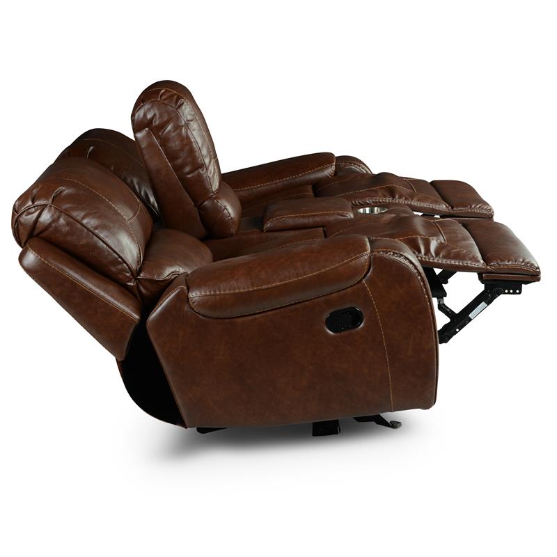 Pemberly Row Brown Faux Leather Manual Glider Recliner Loveseat