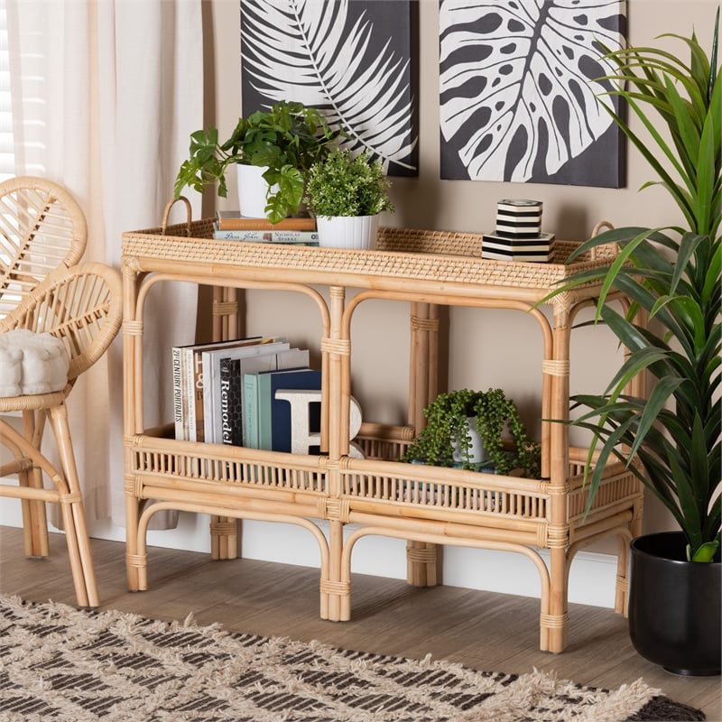 Pemberly Row Modern Bohemian Natural Brown Rattan Console Table