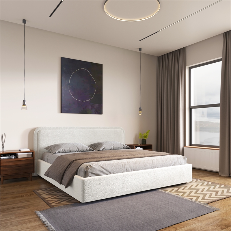 Pemberly Row Upholstered Platform King Bed in White Boucle Fabric