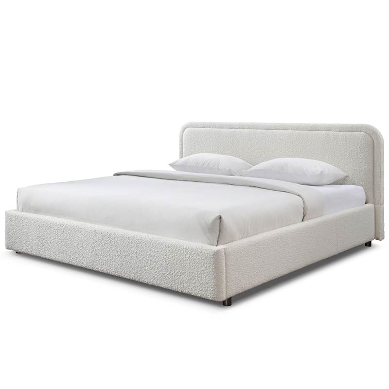 Pemberly Row Upholstered Platform King Bed in White Boucle Fabric