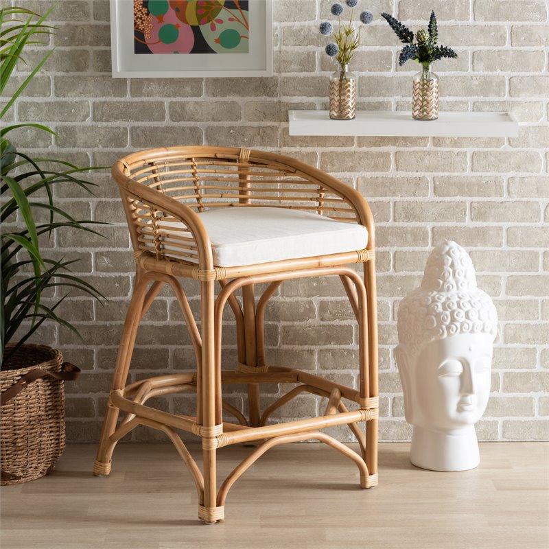 Pemberly Row White Fabric Upholstered and Brown Rattan Counter Stool
