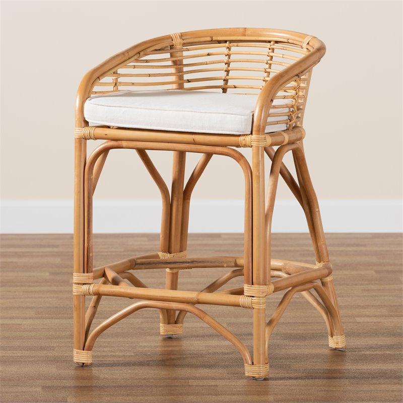 Pemberly Row White Fabric Upholstered and Brown Rattan Counter Stool