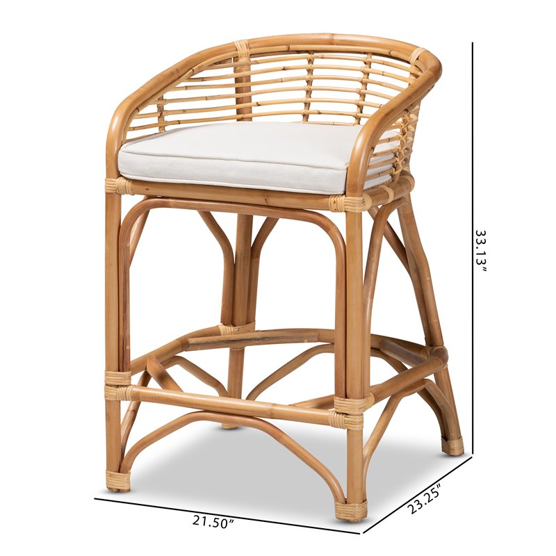 Pemberly Row White Fabric Upholstered and Brown Rattan Counter Stool