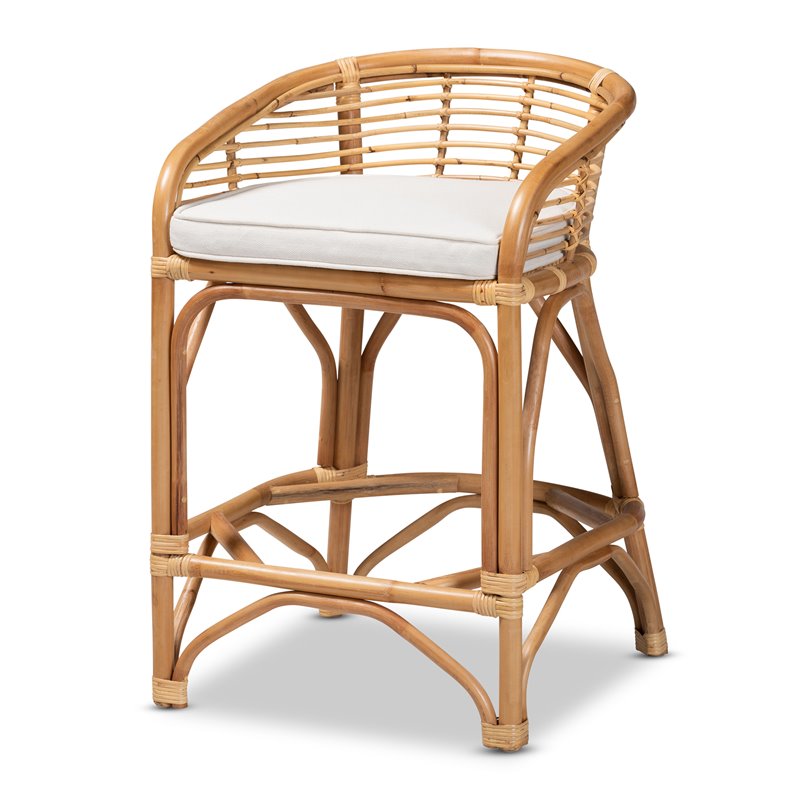Pemberly Row White Fabric Upholstered and Brown Rattan Counter Stool
