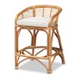 Pemberly Row White Fabric Upholstered and Brown Rattan Counter Stool