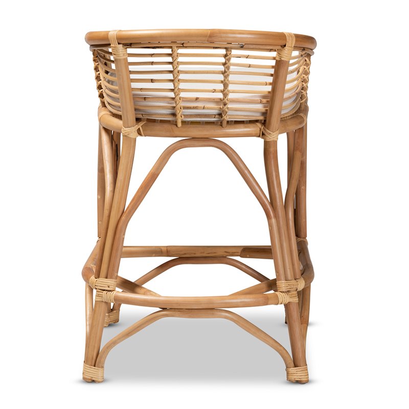 Pemberly Row White Fabric Upholstered and Brown Rattan Counter Stool