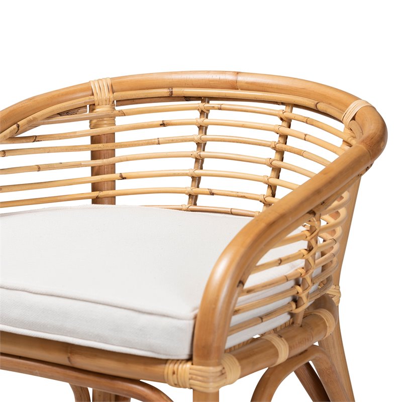 Pemberly Row White Fabric Upholstered and Brown Rattan Counter Stool