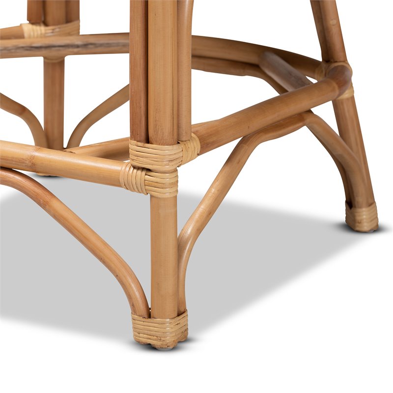 Pemberly Row White Fabric Upholstered and Brown Rattan Counter Stool