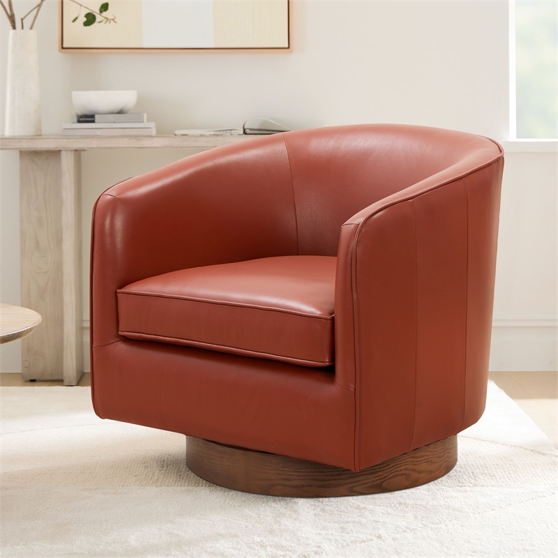Pemberly Row Caramel Top Grain Leather Wood Base Swivel Barrel Chair