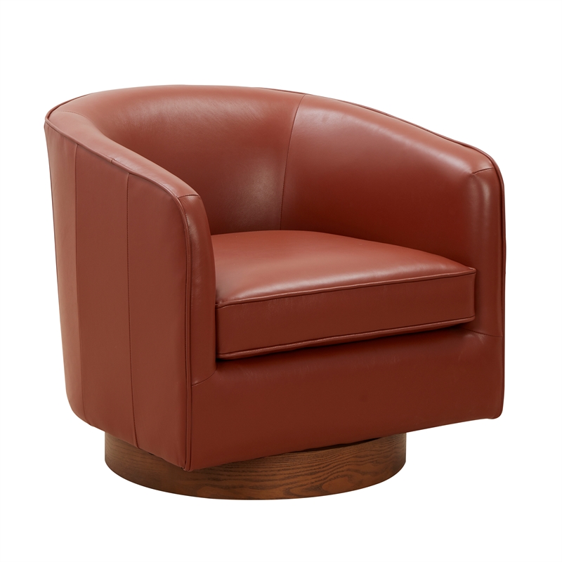 Pemberly Row Caramel Top Grain Leather Wood Base Swivel Barrel Chair