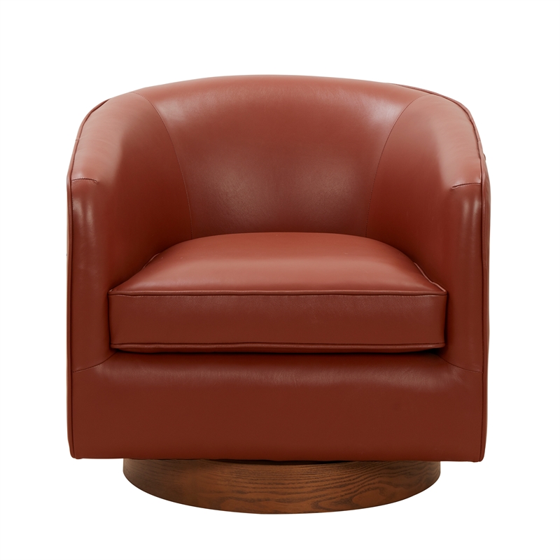 Pemberly Row Caramel Top Grain Leather Wood Base Swivel Barrel Chair