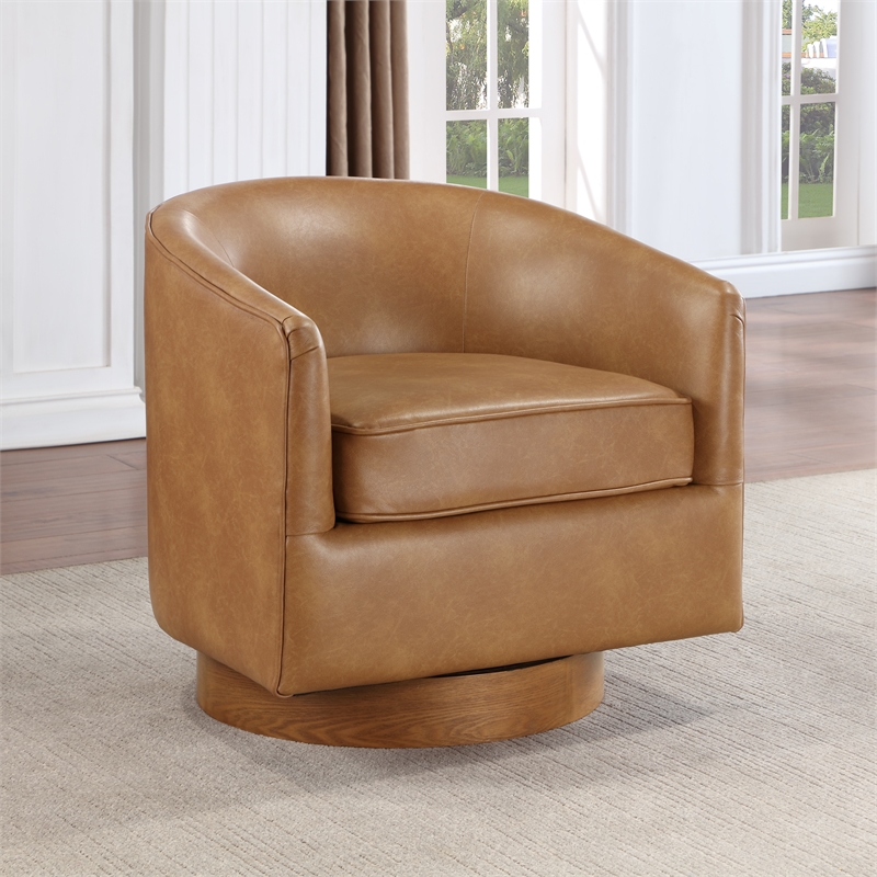 Pemberly Row Saddle Brown Faux Leather Wood Base Barrel Swivel Chair