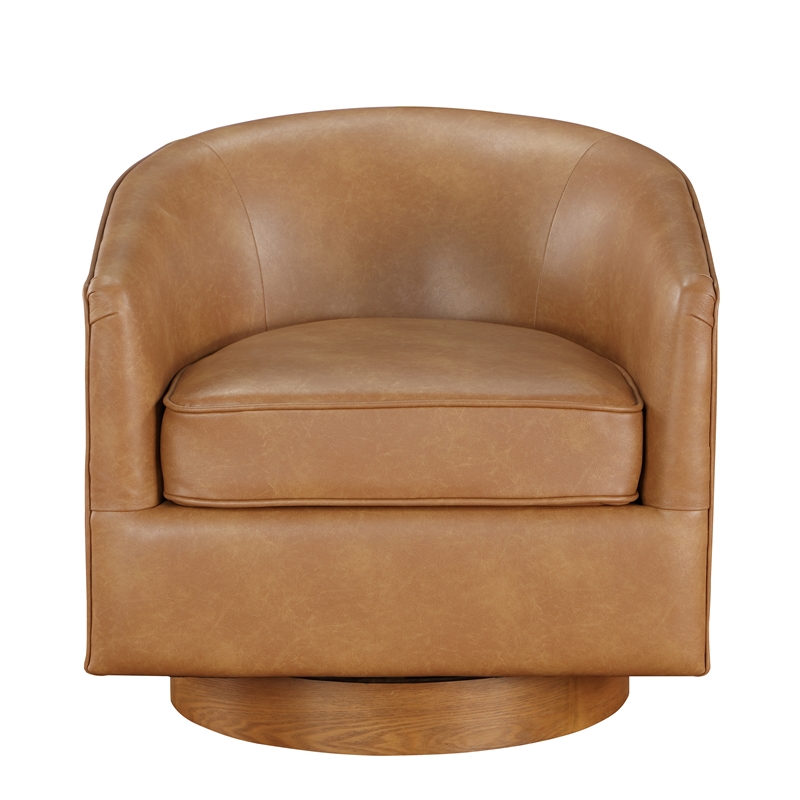 Pemberly Row Saddle Brown Faux Leather Wood Base Barrel Swivel Chair