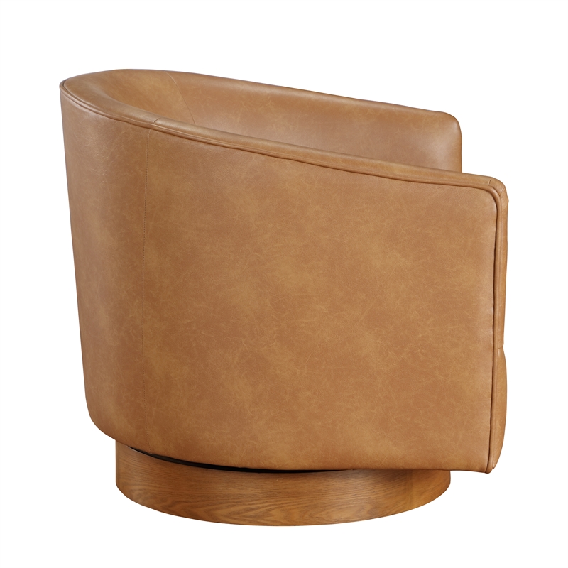 Pemberly Row Saddle Brown Faux Leather Wood Base Barrel Swivel Chair