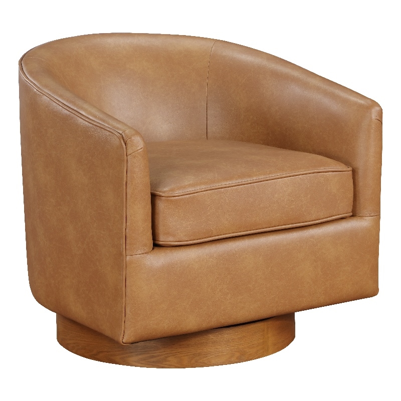 Pemberly Row Saddle Brown Faux Leather Wood Base Barrel Swivel Chair