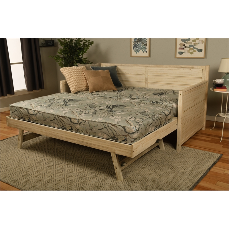 Pemberly Row Wood Daybed w/ Trundle in Weathered White w/ Mattresses