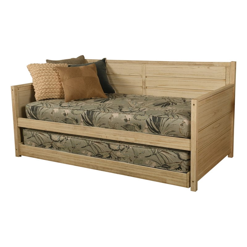 Pemberly Row Wood Daybed w/ Trundle in Weathered White w/ Mattresses