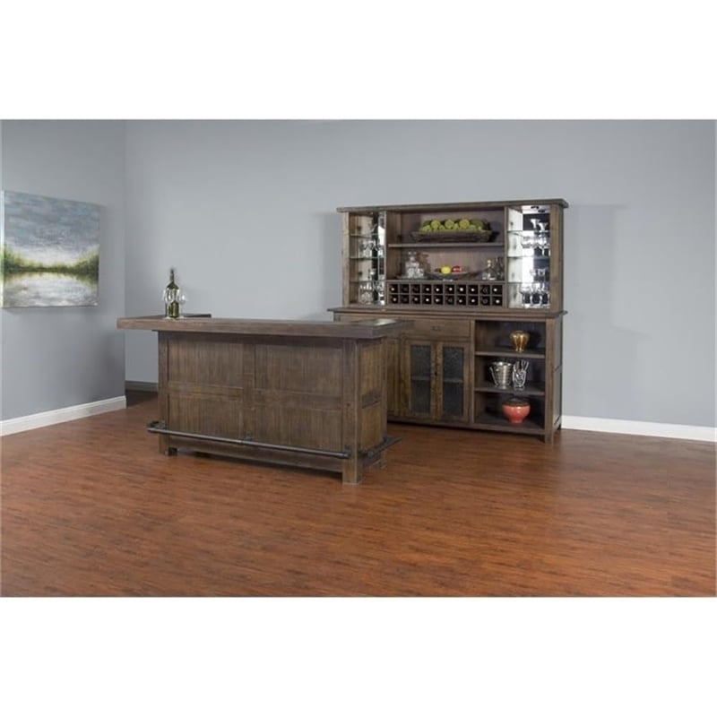 Pemberly Row Wood Home Bar with 4 Shelves and 3 Drawers in Tobacco Leaf