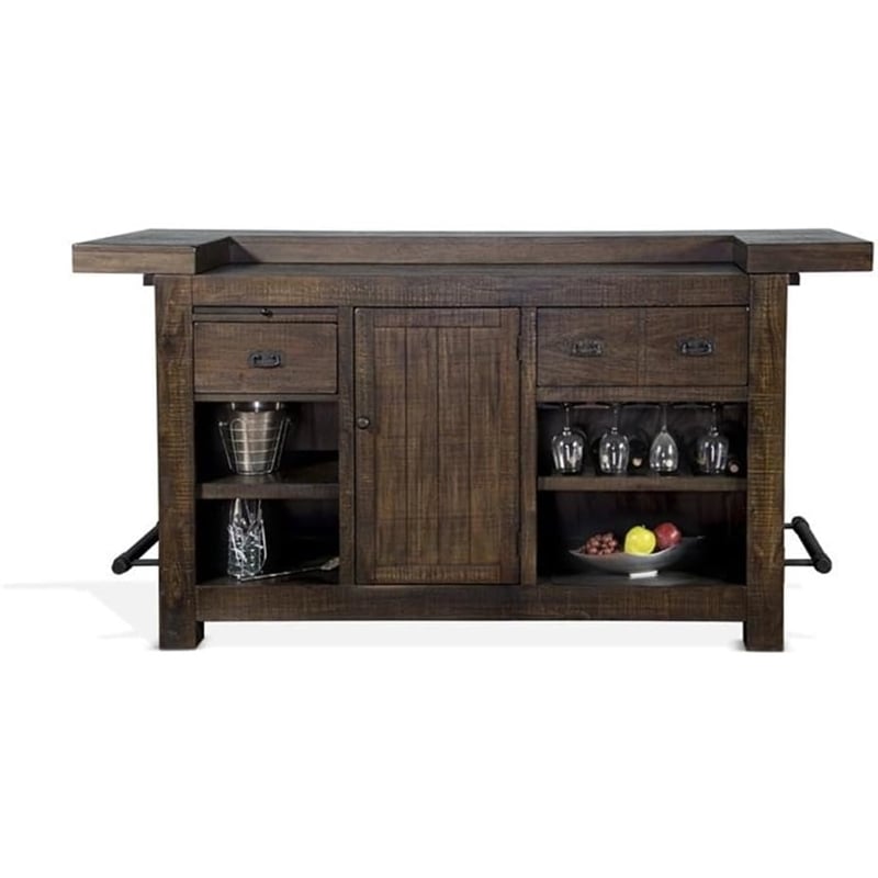 Pemberly Row Wood Home Bar with 4 Shelves and 3 Drawers in Tobacco Leaf