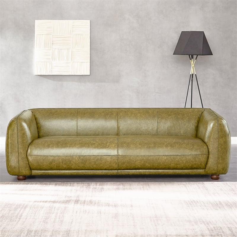 Pemberly Row Solid Wood Frame and Leather Upholstered Couch in Green